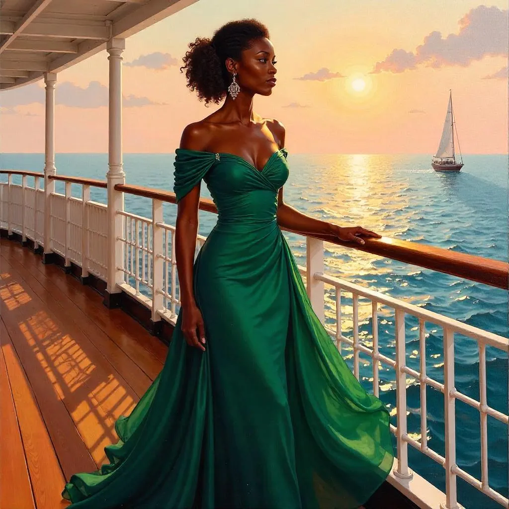 Elegant Black Woman on a Cruise: Oil Portrait at Sunset