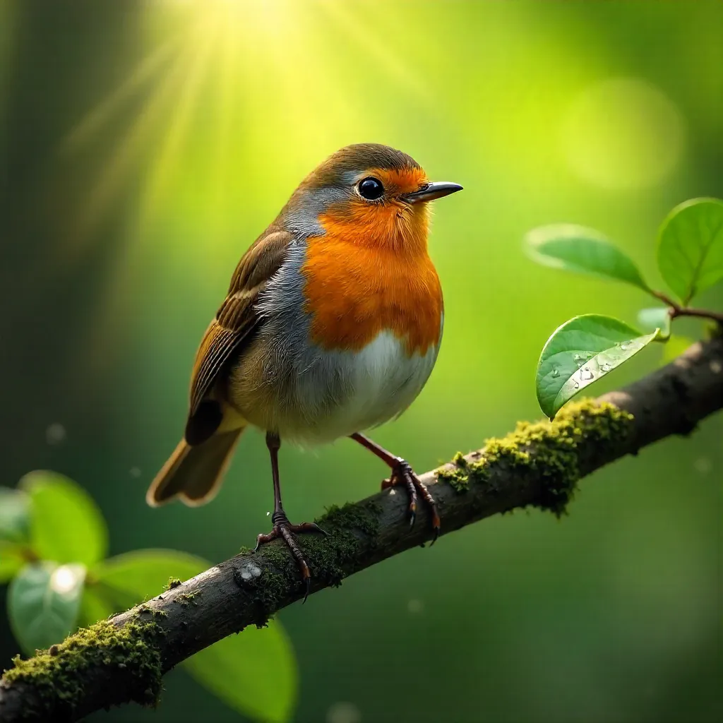 Vibrant European Robin Among Lush Green Leaves