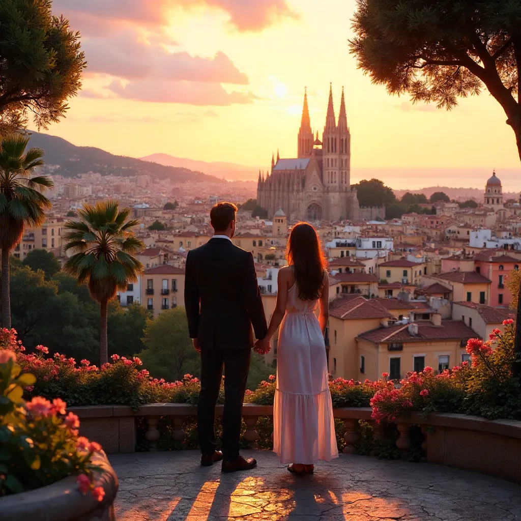 Romantic Panorama: Couple with Sagrada Família in Distance
