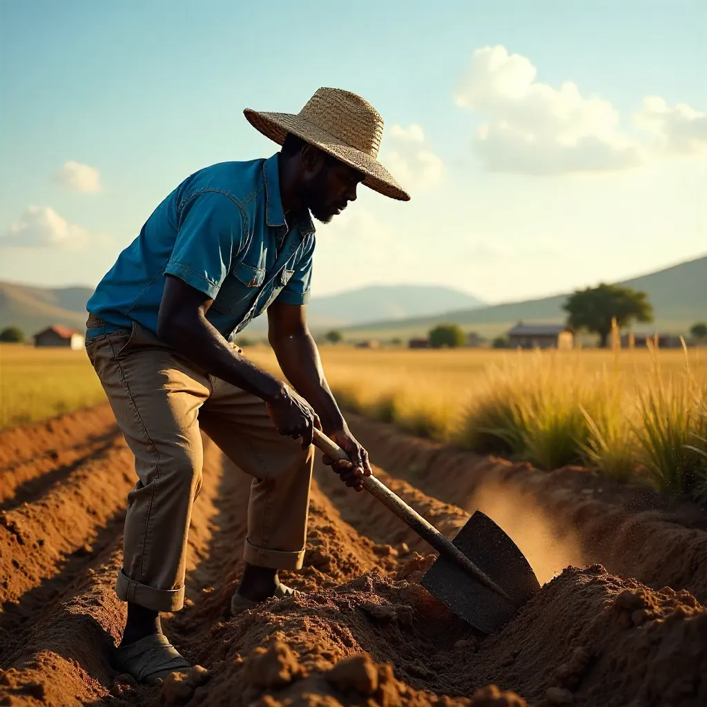 African Farmer Tilling Soil in Rustic Countryside