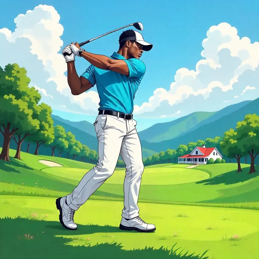 Athletic Black Golfer in Anime Style on Course
