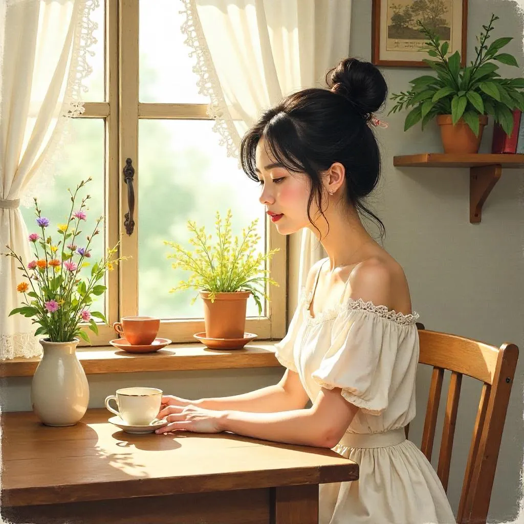 Whimsical Watercolor Portrait of a Young Asian Woman in a Cozy Cottage