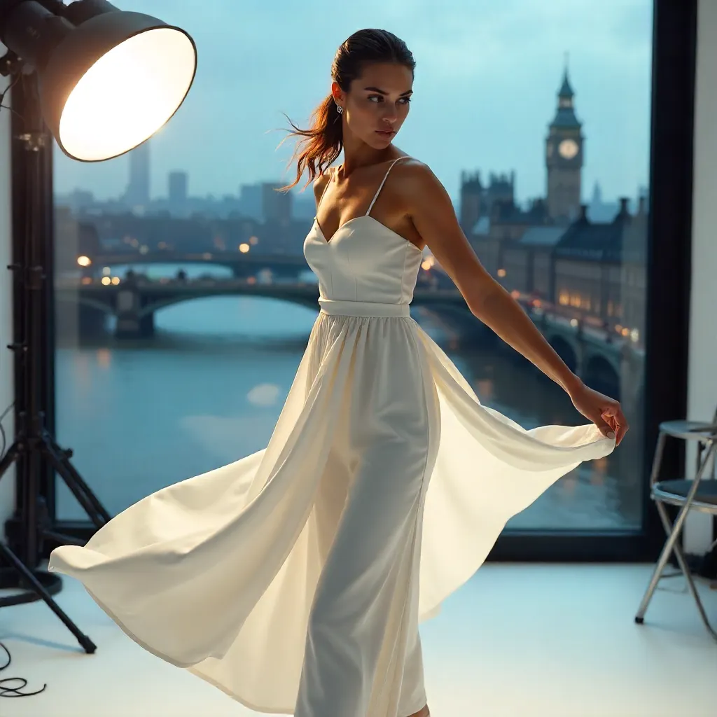 Dynamic London Studio Fashion Portrait in White Dress