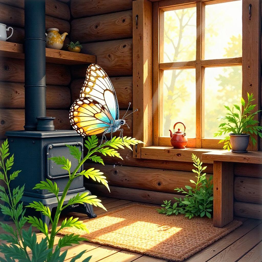 Watercolor butterfly in a cozy log cabin