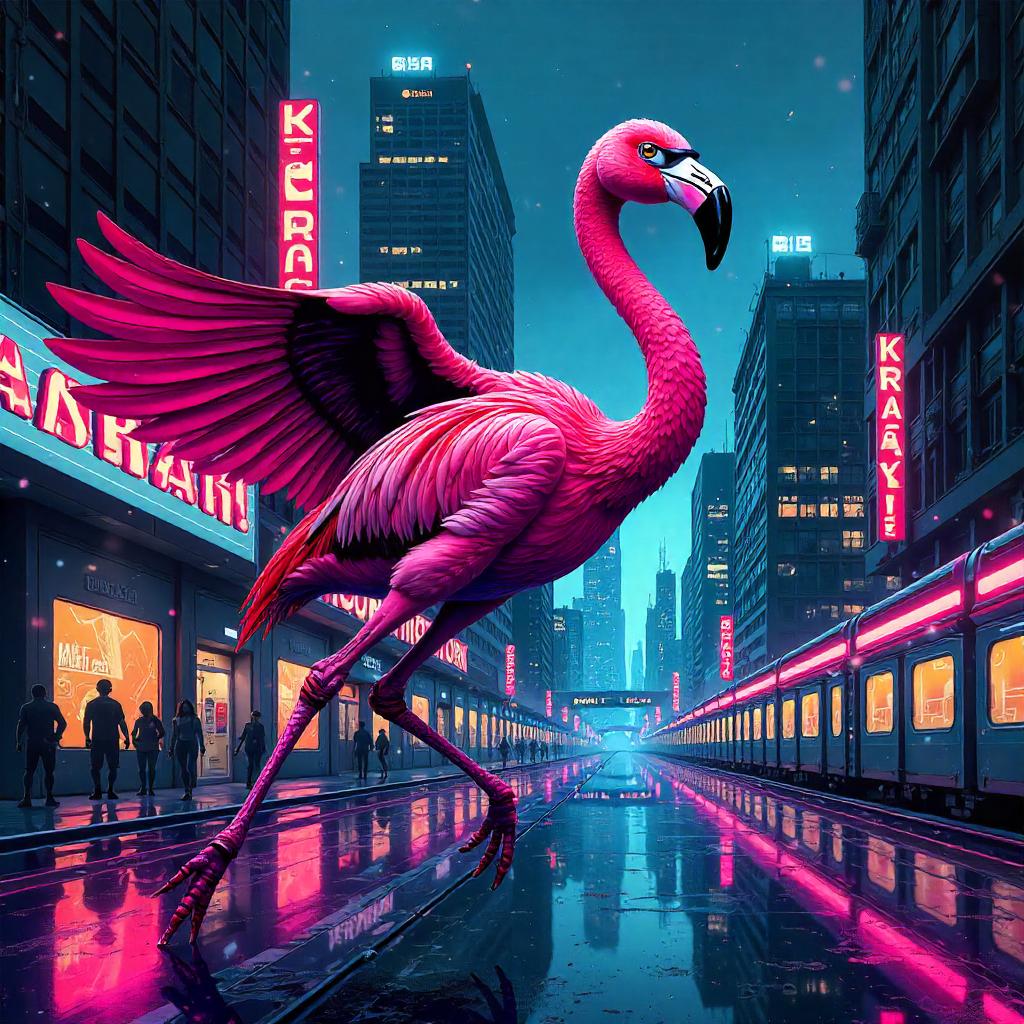 Flamingo Hero in Neon Futuristic City