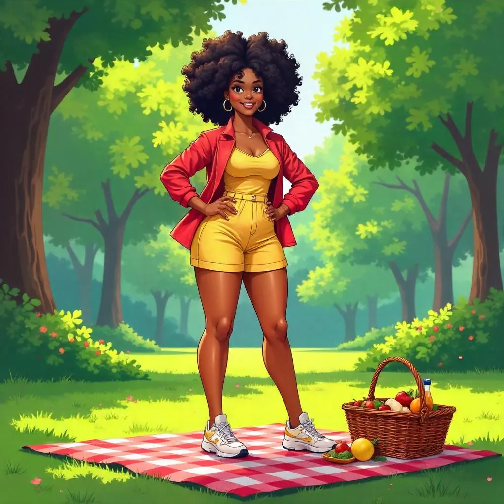 Confident Black Woman at an Anime Picnic