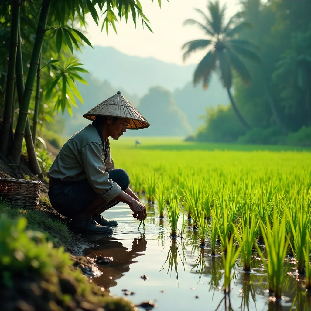 Farmer Tending Rice Field Amid Dense Greenery