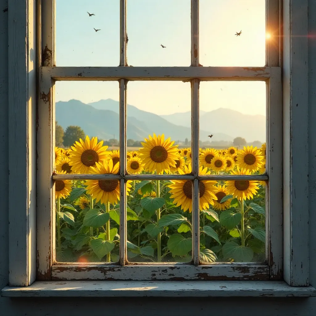 Sunflower Field Through an Old Window Frame