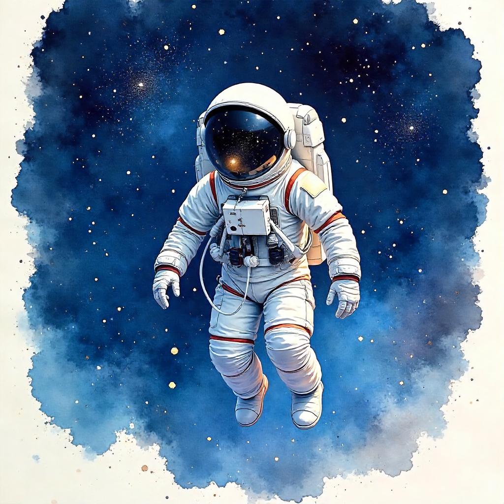 Watercolor Astronaut Among the Stars