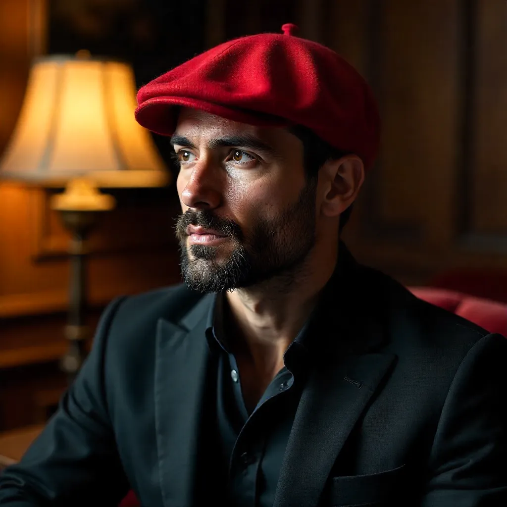 Contemplative Portrait: Red Beret and Black Attire