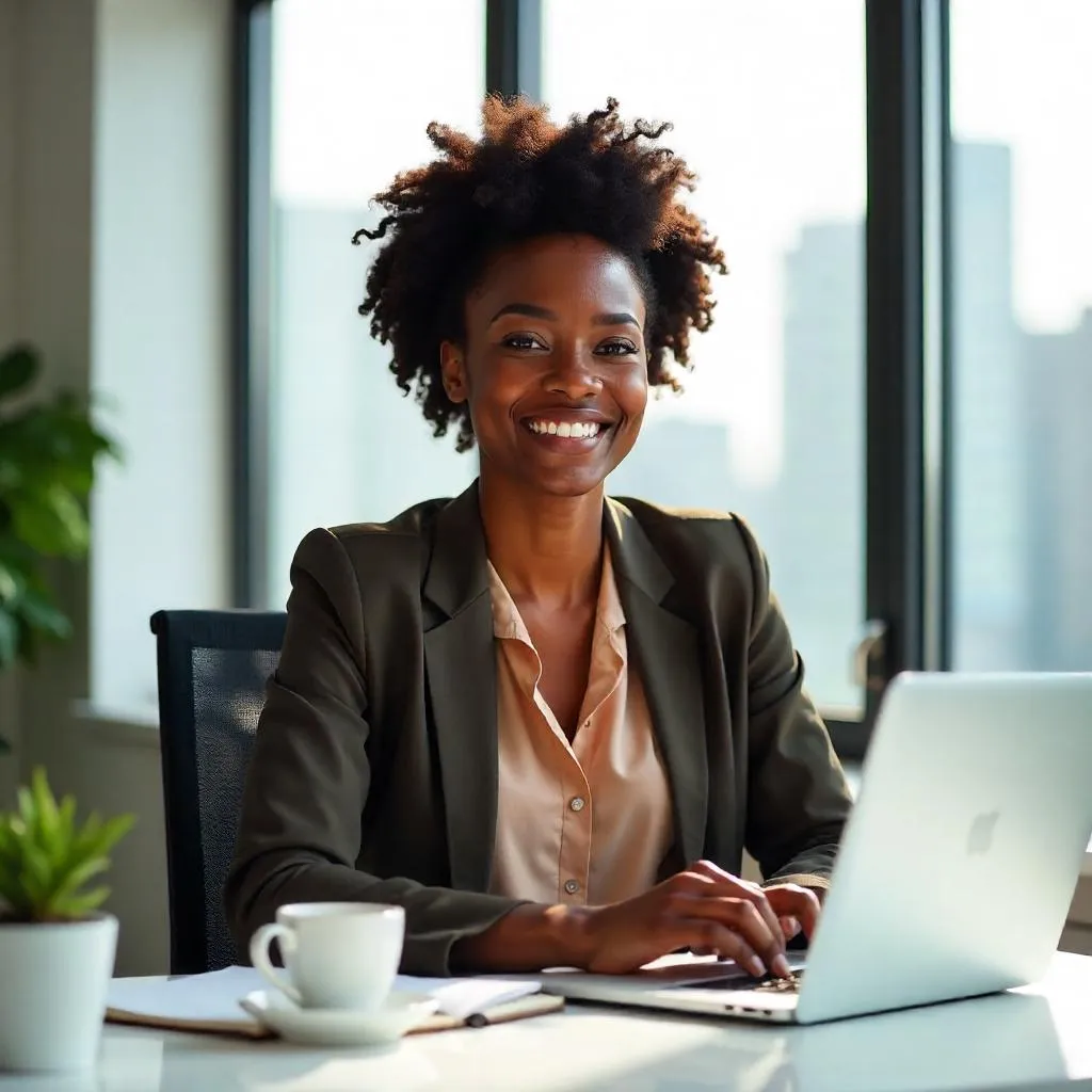 Cheerful Black Woman in a Modern Office