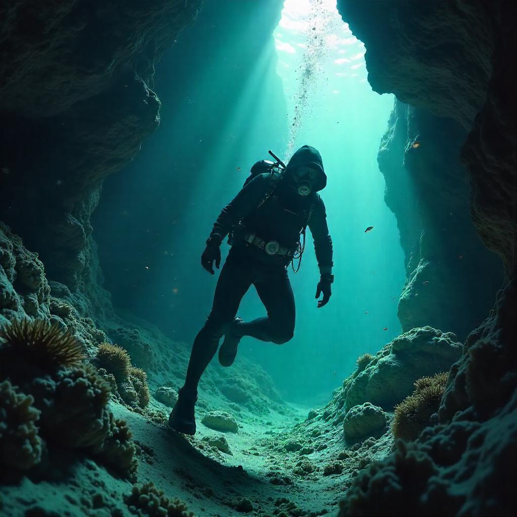 Silent Thief in a Bioluminescent Underwater Cave