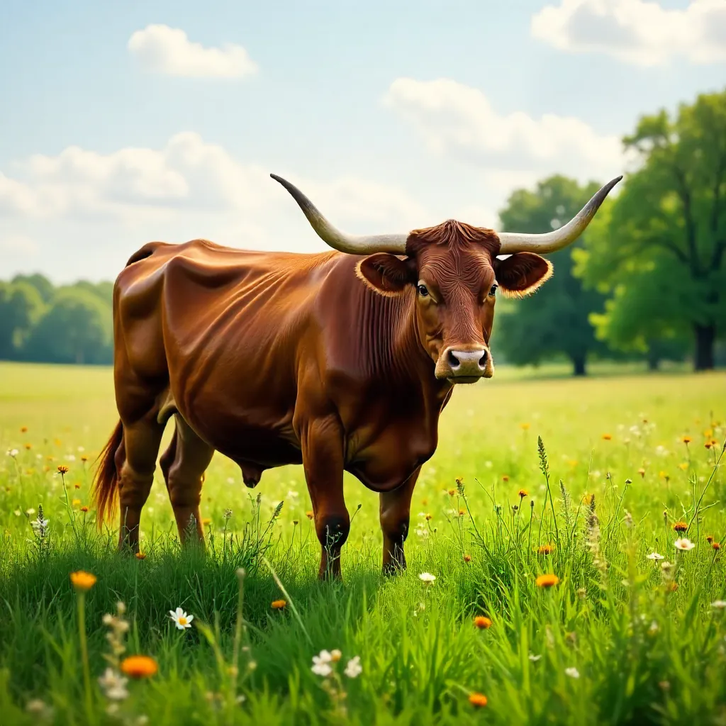 Brown Longhorn Cow Grazing in a Wisconsin Field