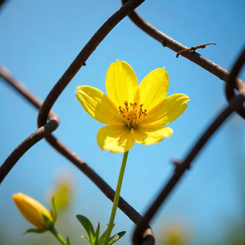 Bright Yellow Flower on Chain-Link Fence Under Blue Sky