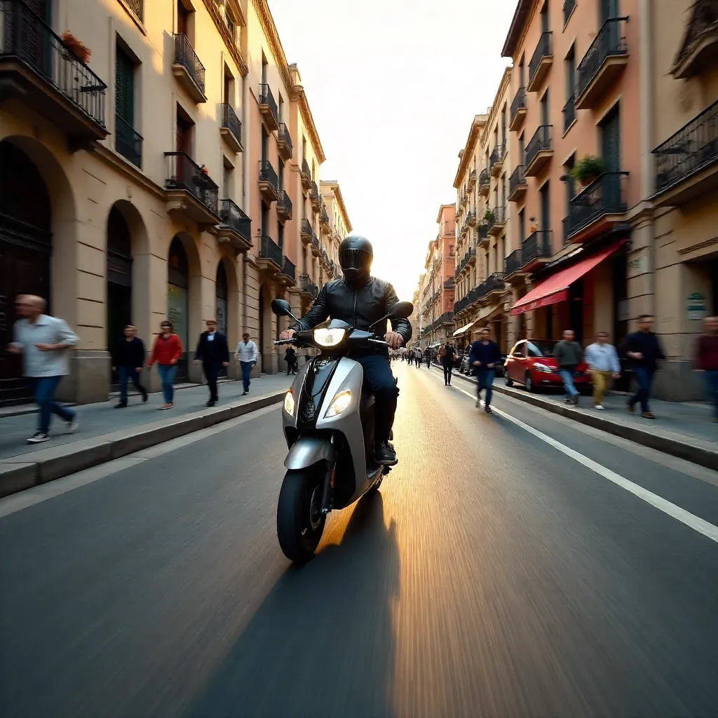 Barcelona Street Sprint: Scooter in Motion Blur