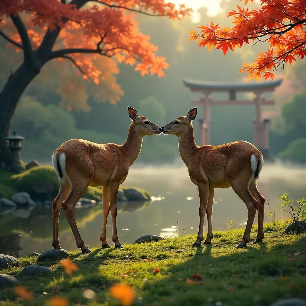 Tender Moments of Two Deer in Kyoto Park