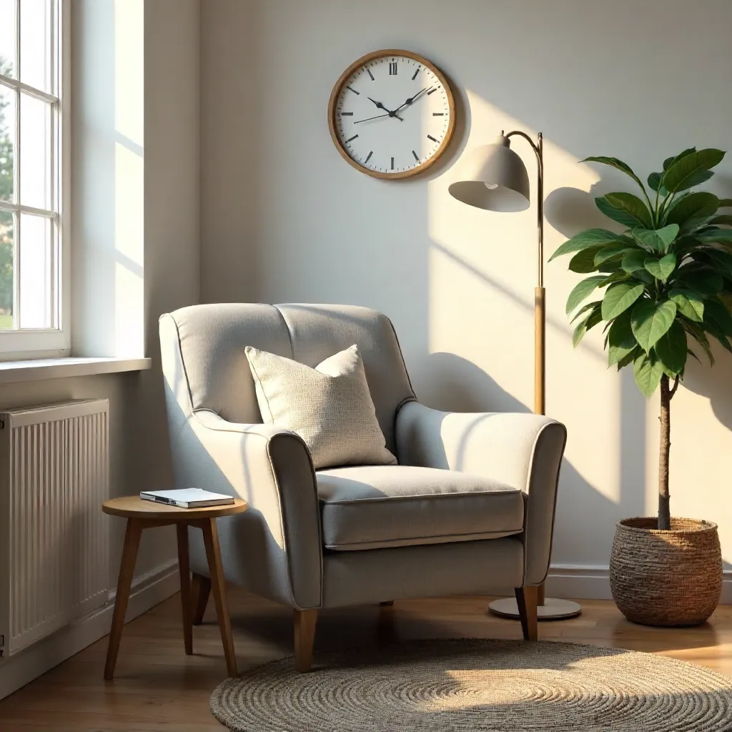 Serene Grey Armchair Corner with Clock and Lamp