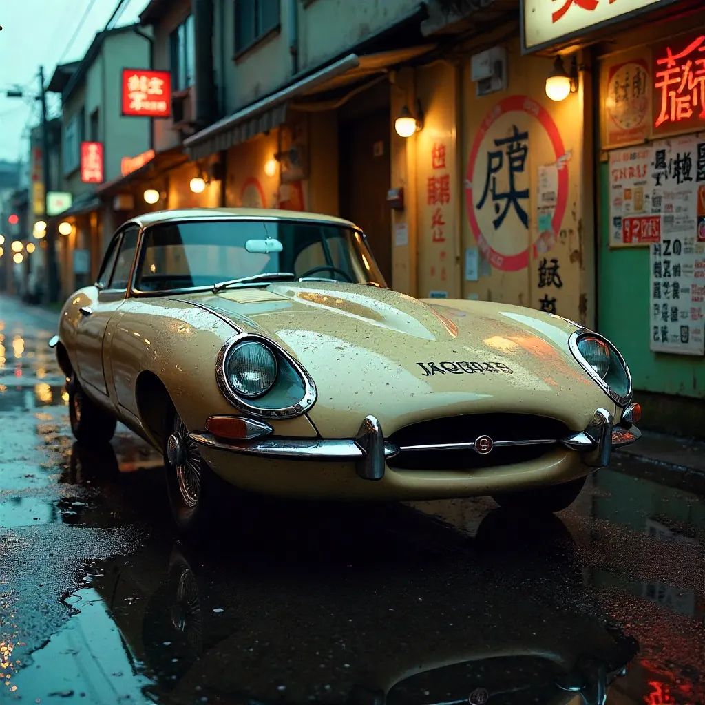 Classic Car by a Wall of Vintage Japanese Signs
