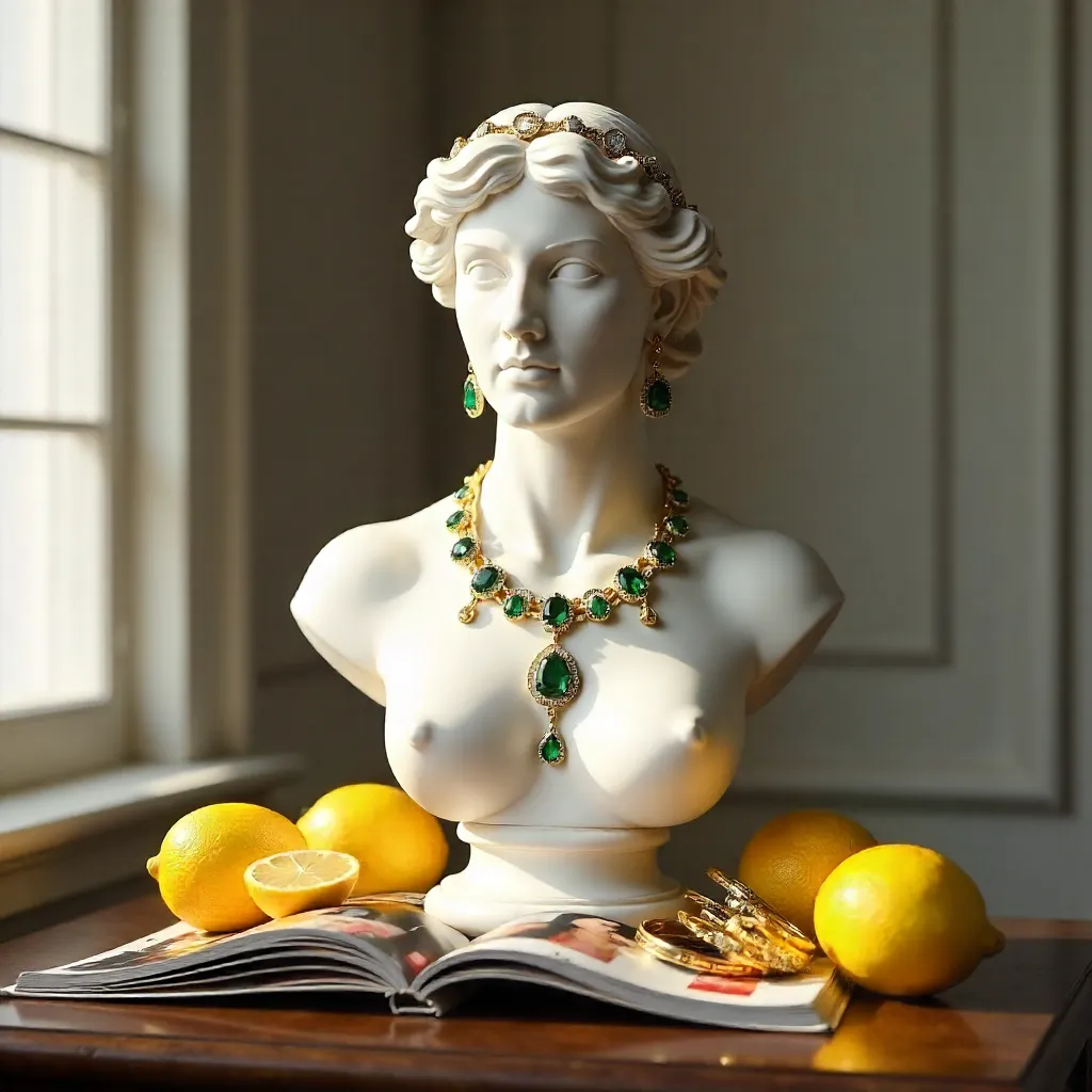 Jewelry-Adorned Marble Bust among Lemons and a Magazine