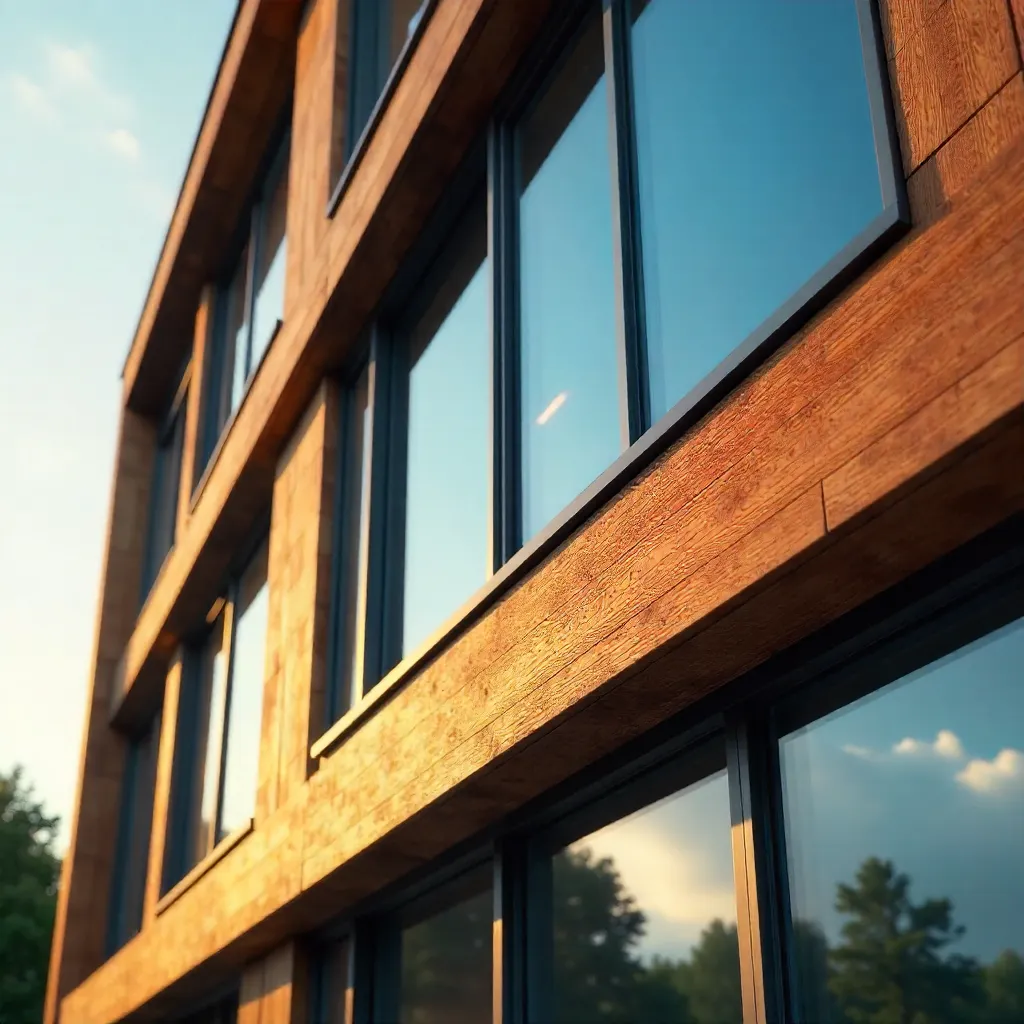 Close-Up of Modern Wood Facade with Blue Glass