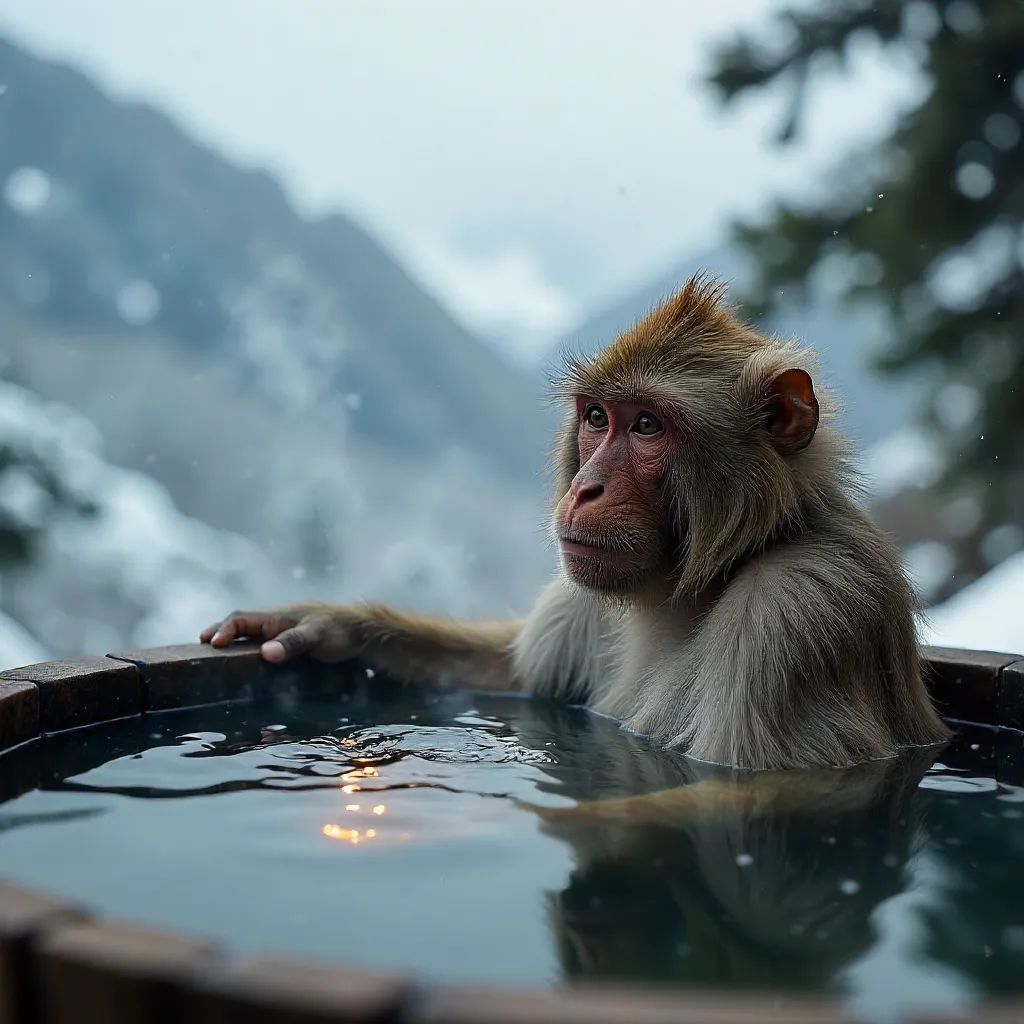 Snow Monkey in Nagano Hot Spring Amid Winter Snowfall