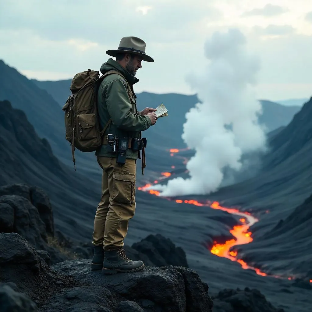 Ranger on Volcanic Rocks at Dusk