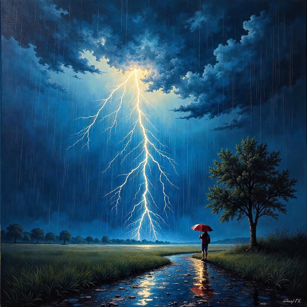 Lightning Strikes in Heavy Rain: An Oil Painting