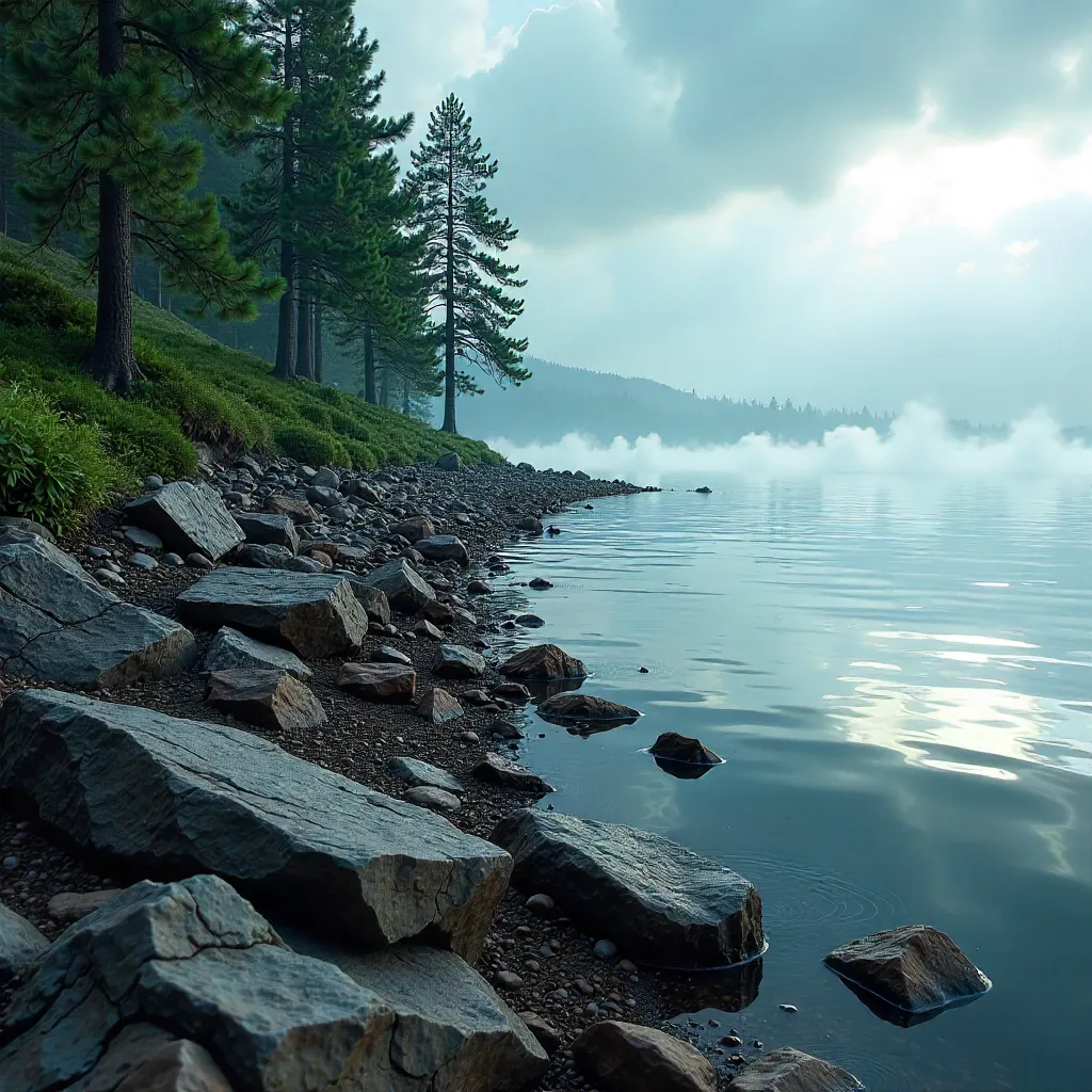 Tranquil Rocky Shoreline Under a Moody Cloudy Sky