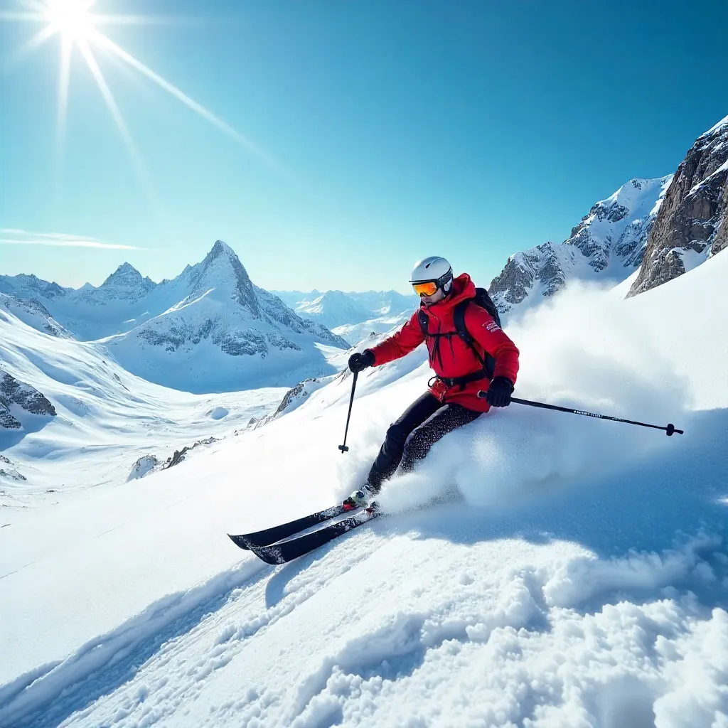 Lone Skier Across a Vast Snowfield Under a Clear Sky