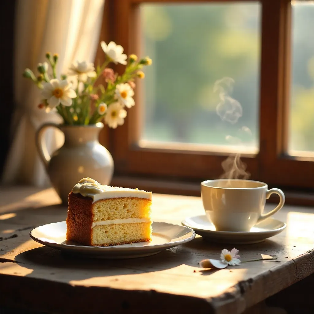 Serene Window Café Moment with Cake, Coffee, and Flowers