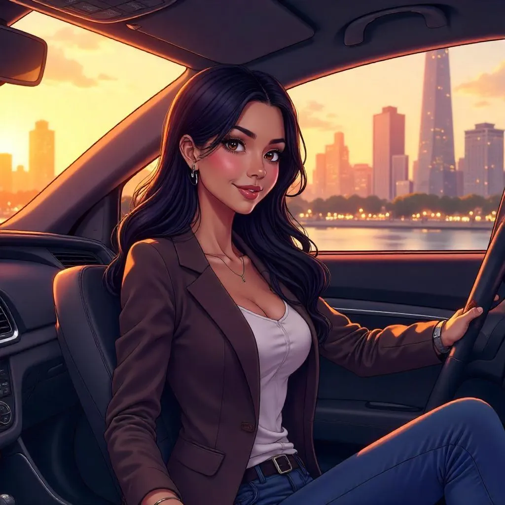 Latina Anime Woman in a Car at Sunset