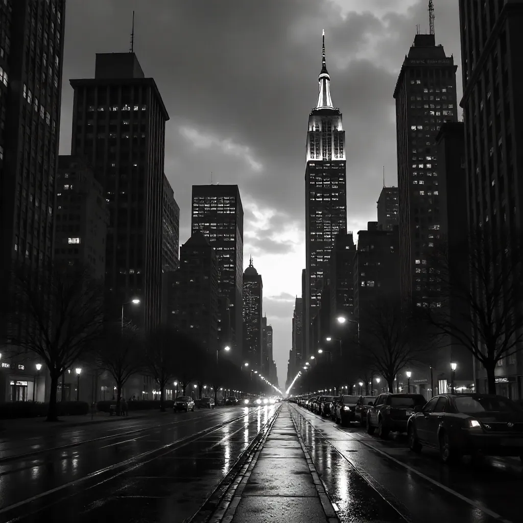 Twilight Noir: Dense Black-and-White Cityscape