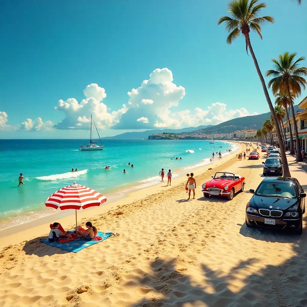Vibrant Beach Scene with Sailboats and Cars