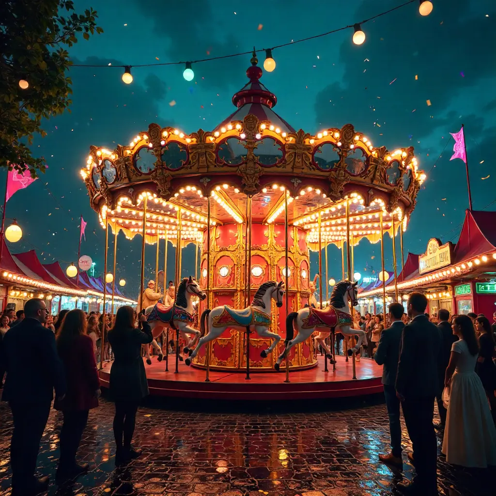 Nighttime Carousel in a Festive Carnival