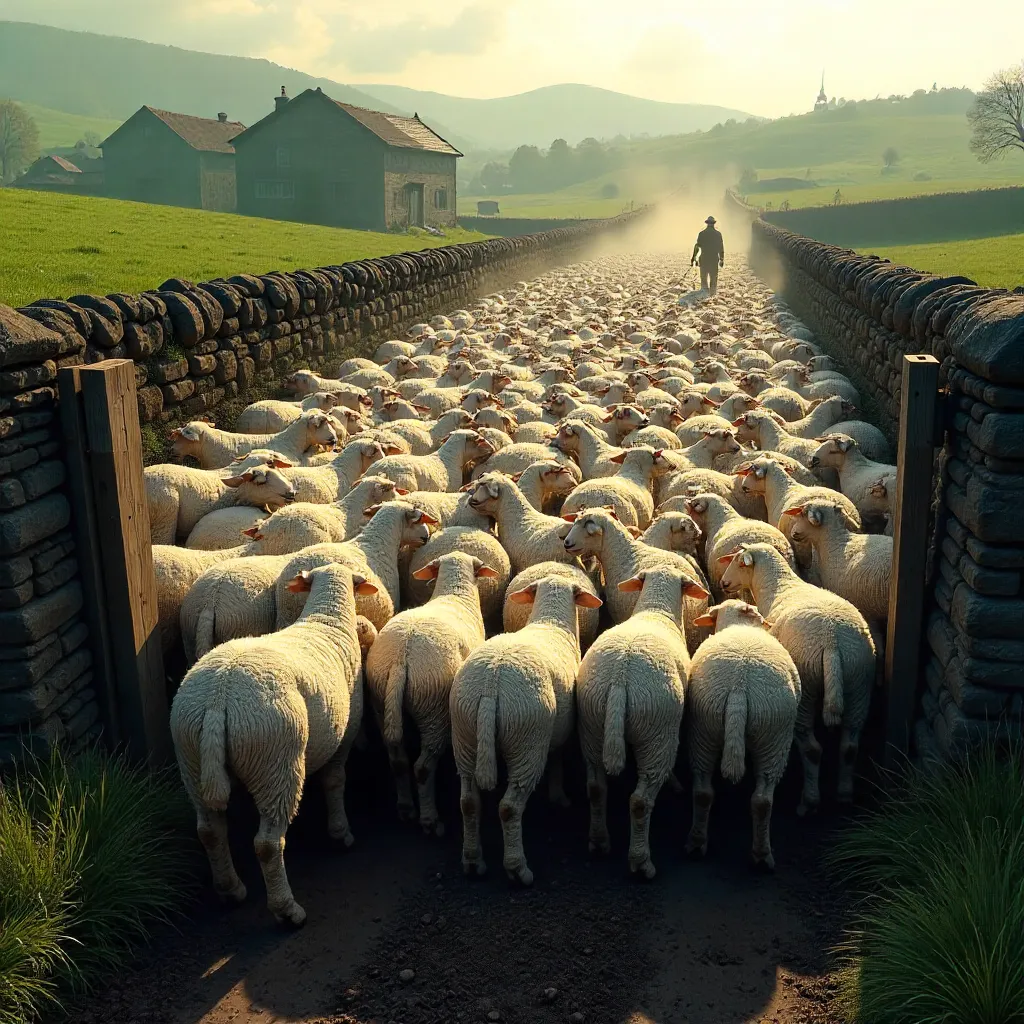 Dense Flock of Sheep in a Tranquil Rural Enclosure