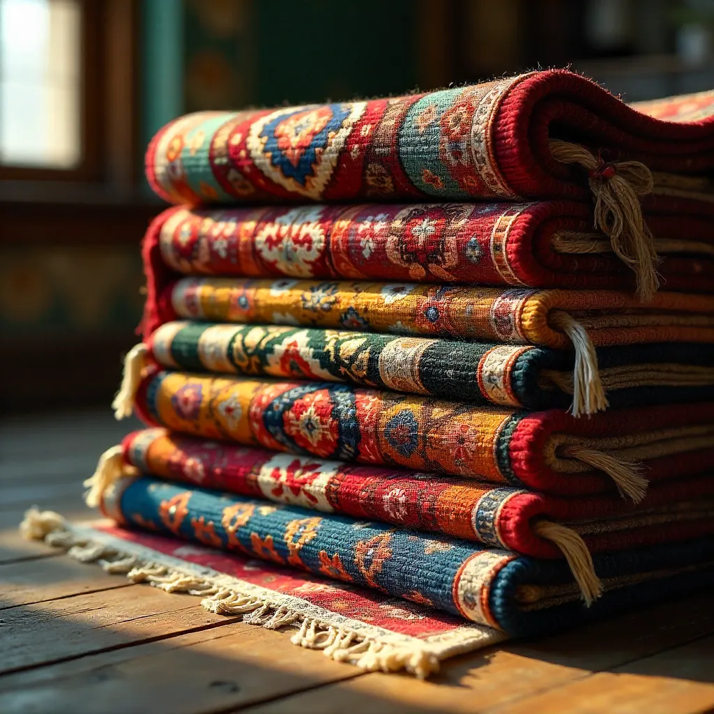 Vibrant Stack of Persian Rugs: Intricate Textures