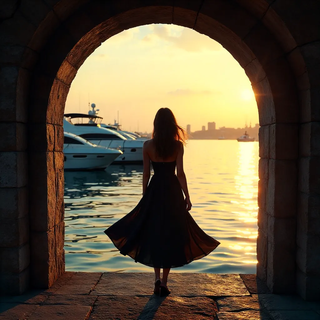 Silhouette under Archway by Sea: Yachts and Cityscape