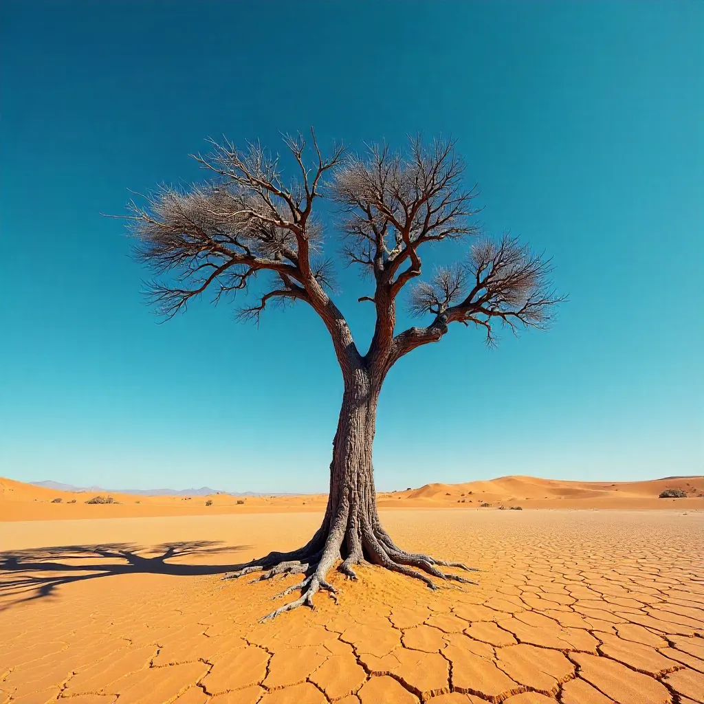 Solitary Tree in a Vast Desert Under Clear Blue Sky
