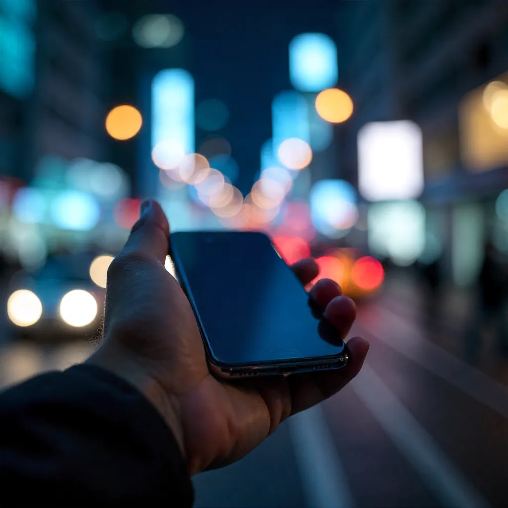Hand Holding Smartphone in Neon Night City