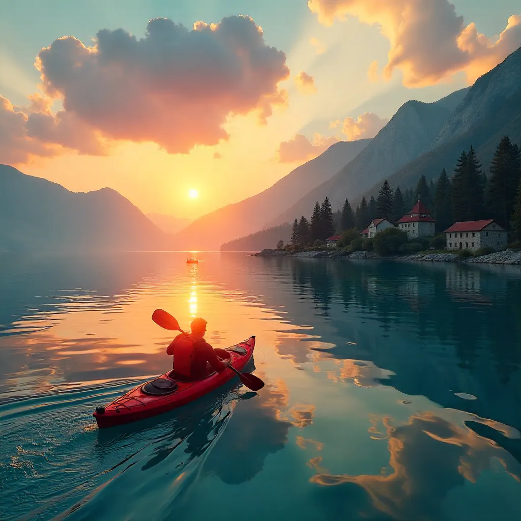 Sunset Kayak on Lake Ohrid with Mountain Silhouettes