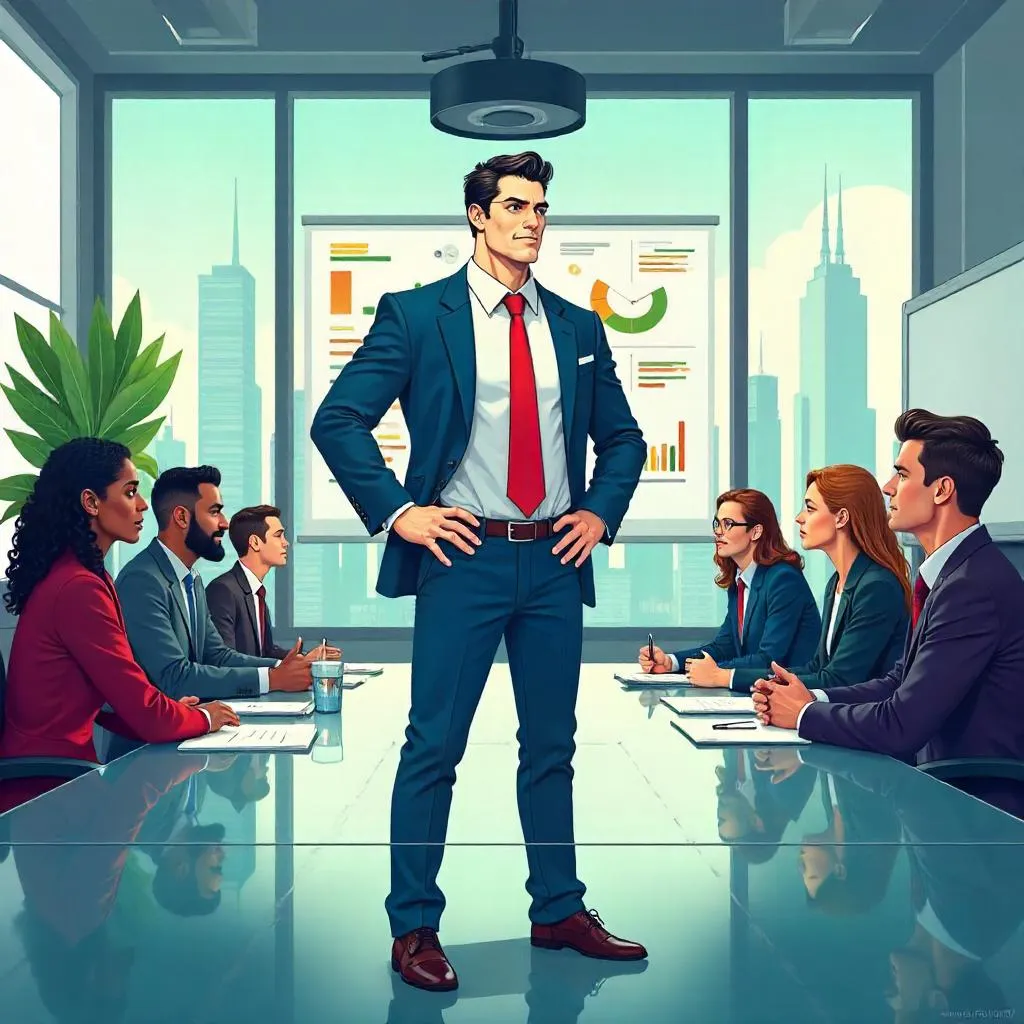 Confident White Man Leading a Cartoon Boardroom