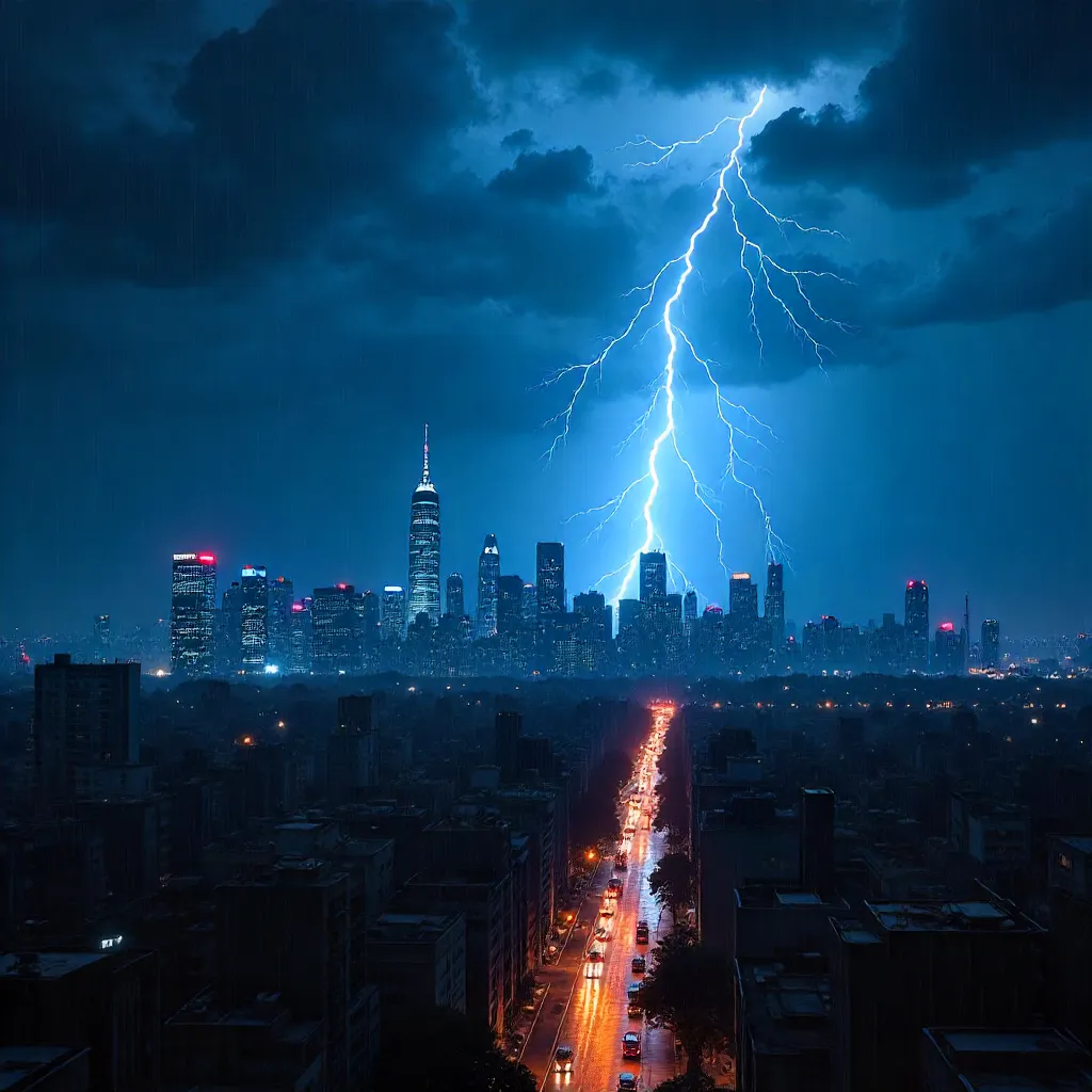Lightning over a Silhouetted City at Night