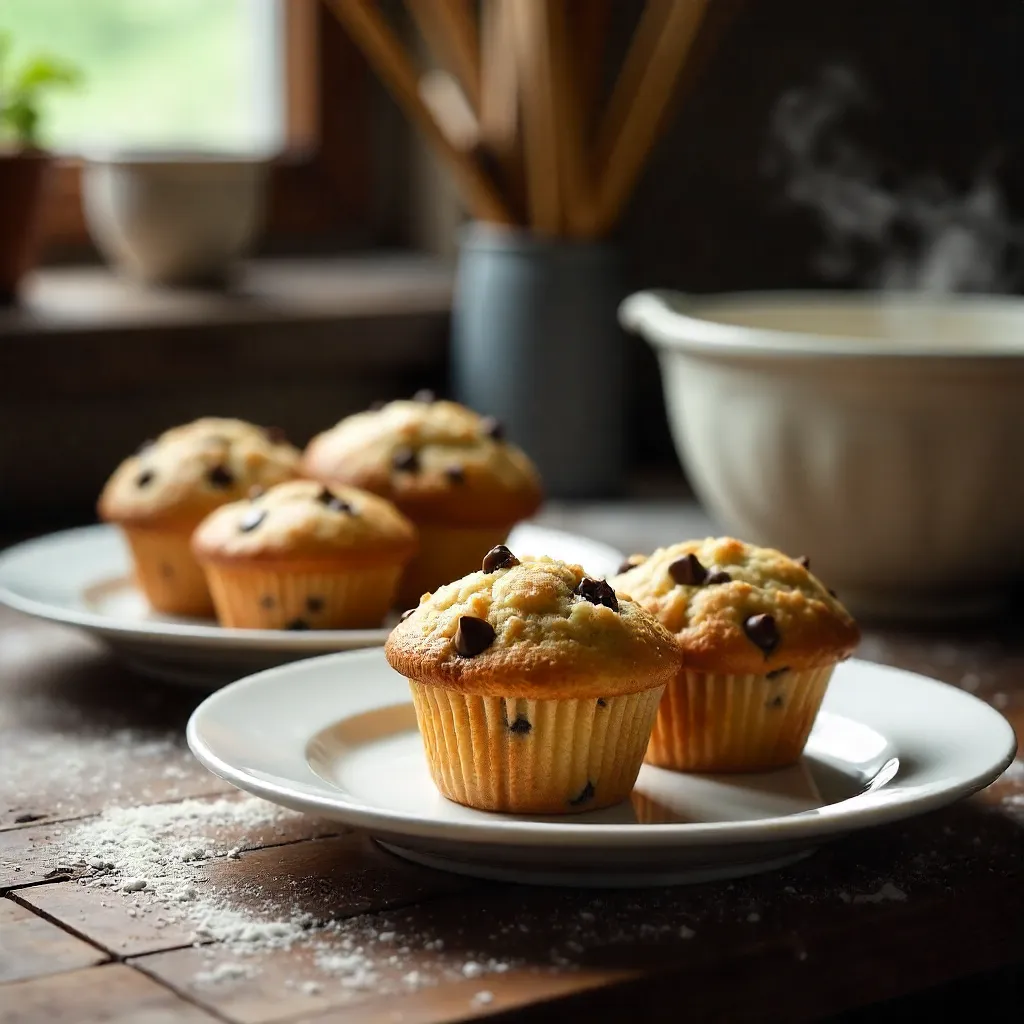 Delicious Homemade Chocolate Chip Muffins Stacks on Plates