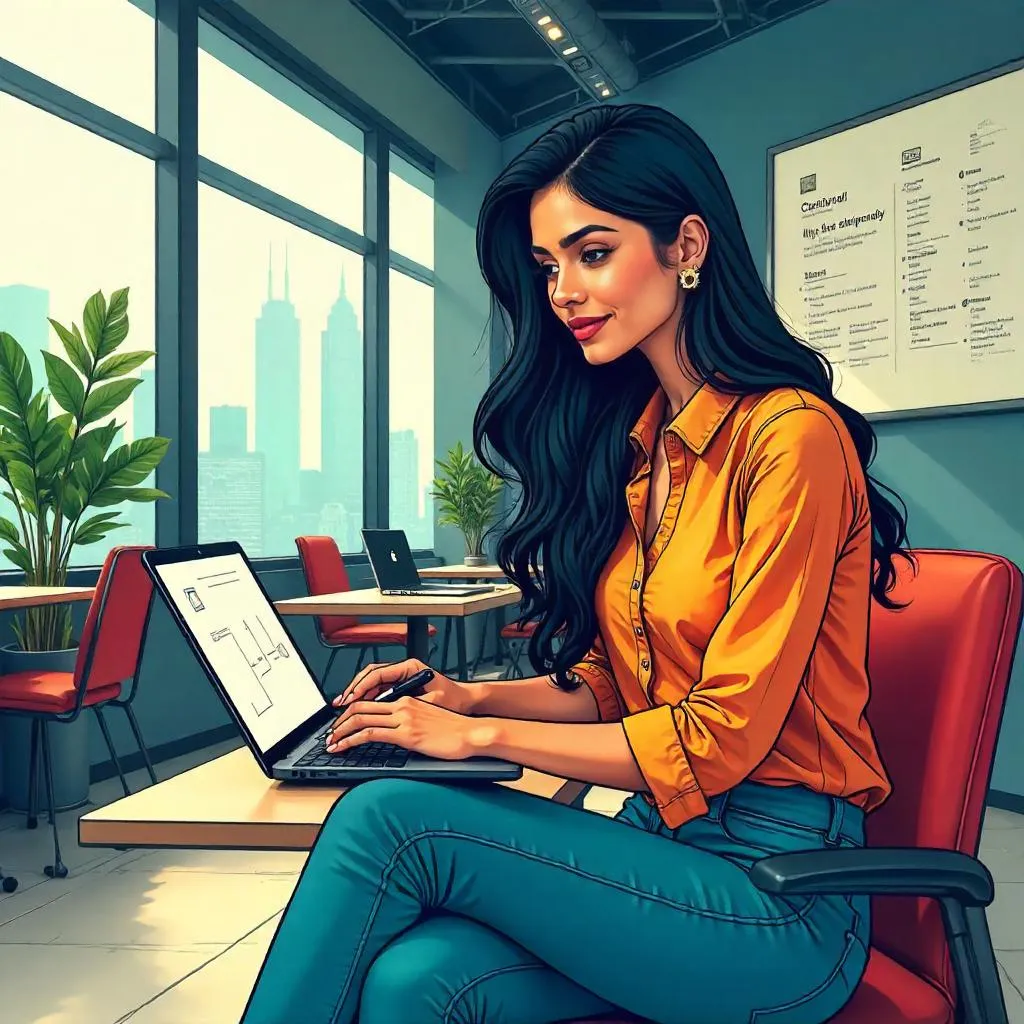 Indian Woman in Comic Style at a Coworking Space
