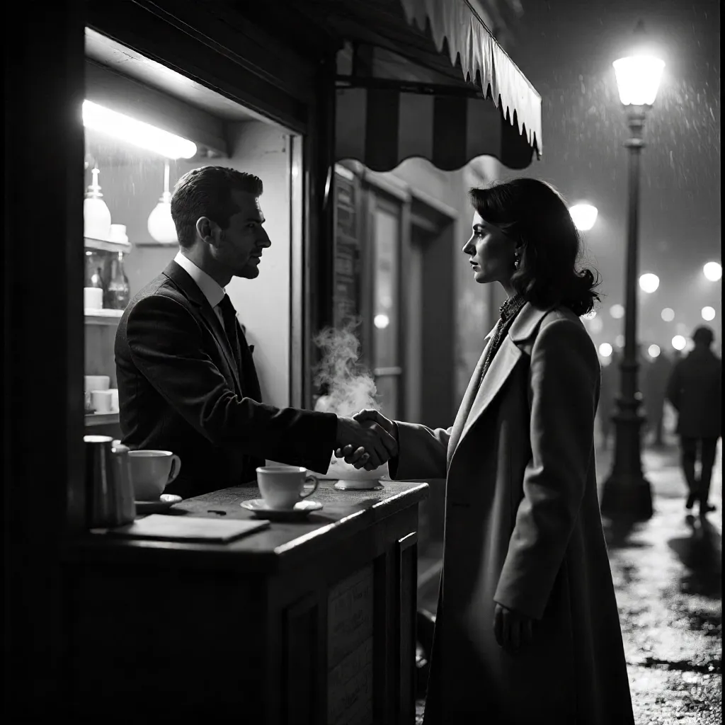 Monochrome Handshake at the Coffee Stand