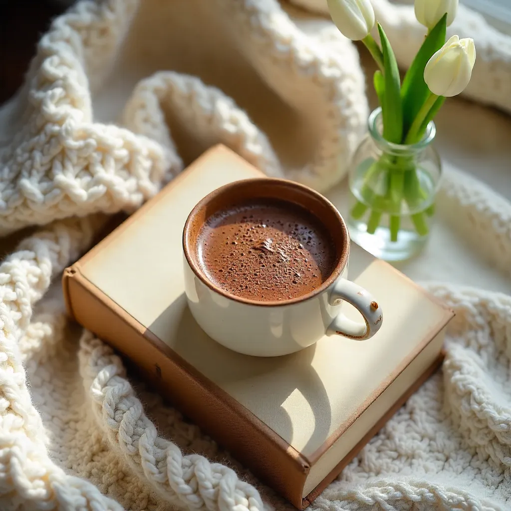 Cozy Overhead Still Life: Hot Chocolate and Tulips