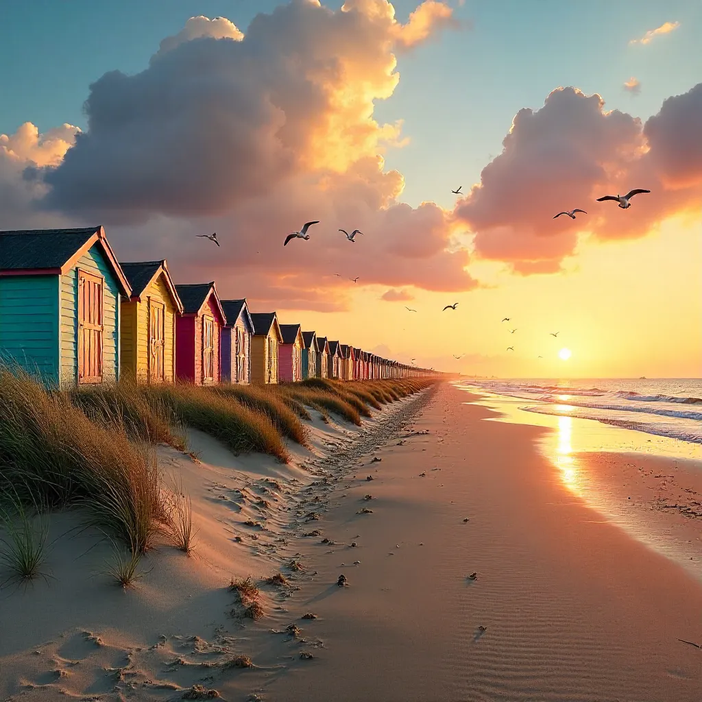 Sunset at Cuxhaven: Colorful Huts on the Wadden Sea