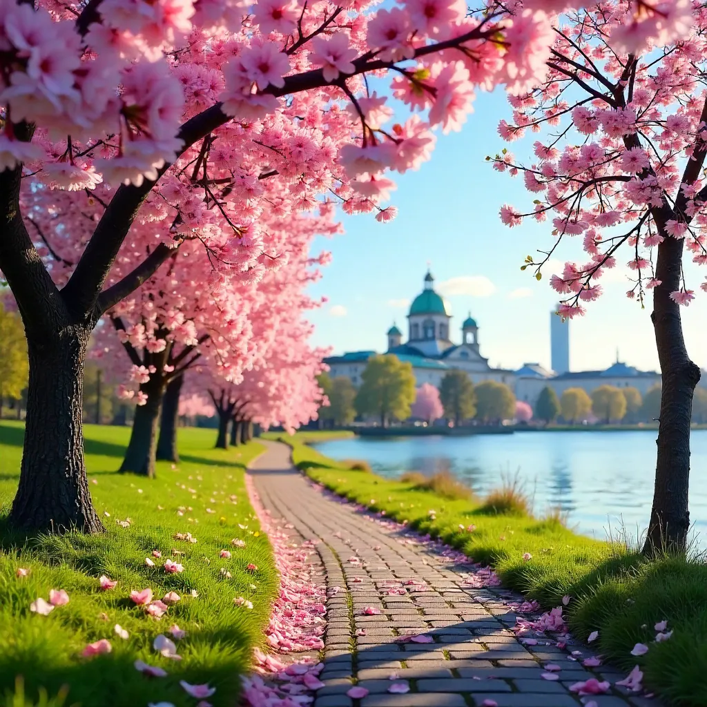Cherry Blossoms Over Helsinki in Spring Sky