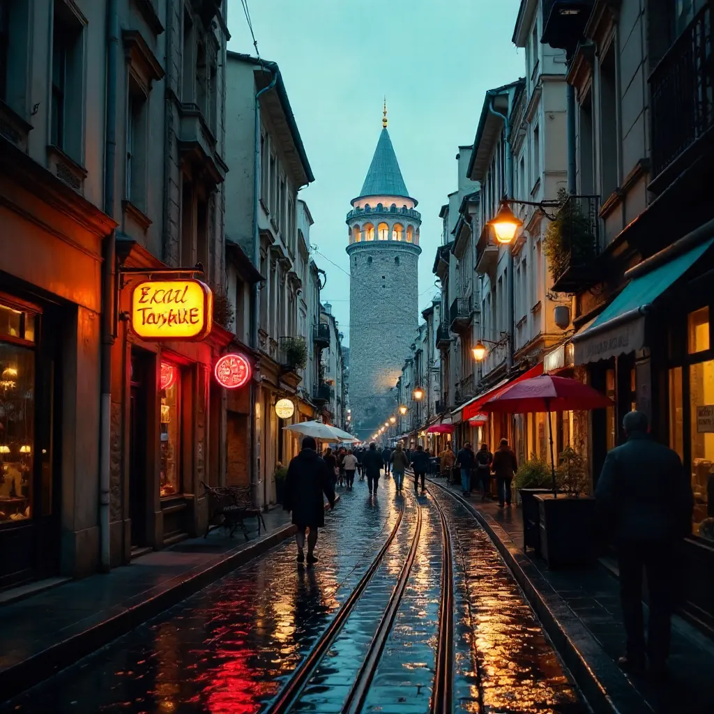 Rainy Streets of Istanbul: Galata Tower in View