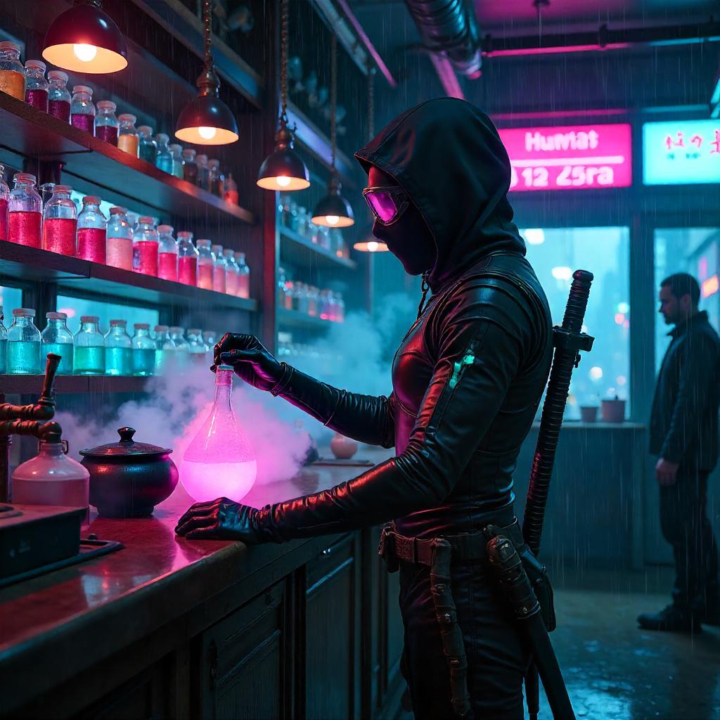 Neon Ninja in a Cyberpunk Potion Shop